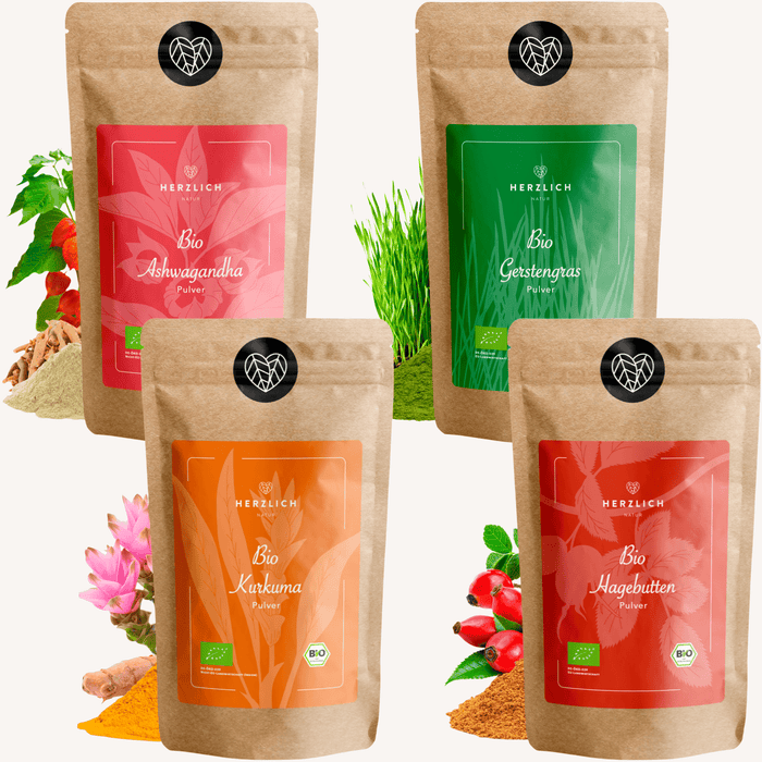 Bio Goldenes Milch Set von Herzlich Natur mit Kurkuma, Ashwagandha, Gerstengras und Hagebuttenpulver für ein wohltuendes Heißgetränk