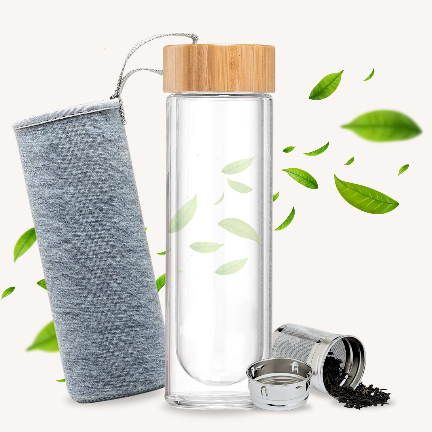 Hochwertige Teeflasche aus Borosilikatglas mit Teesieb und Bambusdeckel