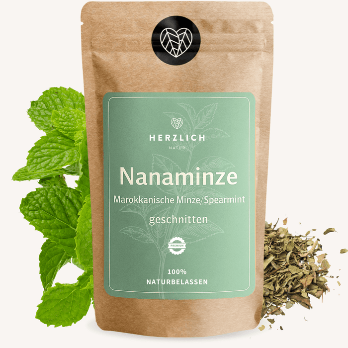 Standbeutel mit Nanaminze (Marokkanische Minze / Spearmint) – naturbelassener Kräutertee, plastikfrei verpackt im Kraftpapierbeutel, Produkt von Herzlich Natur